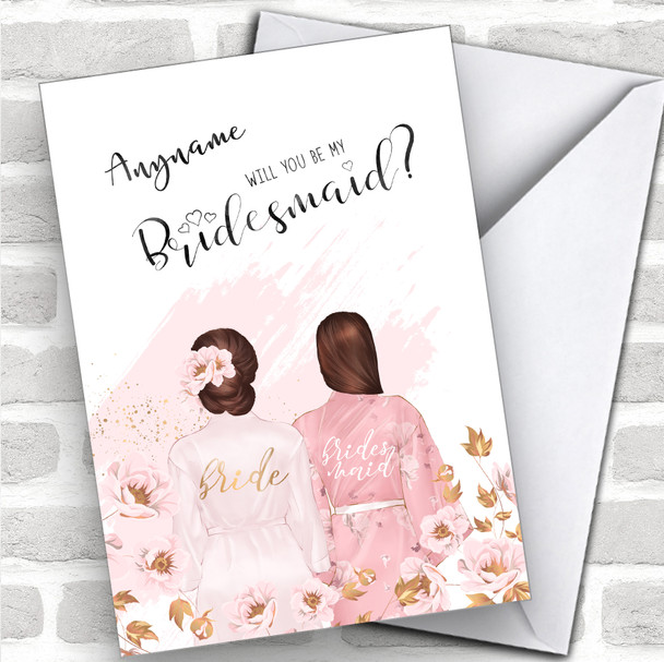 Brown Floral Hair & Brown Swept Hair Will You Be My Bridesmaid Personalized Wedding Greetings Card