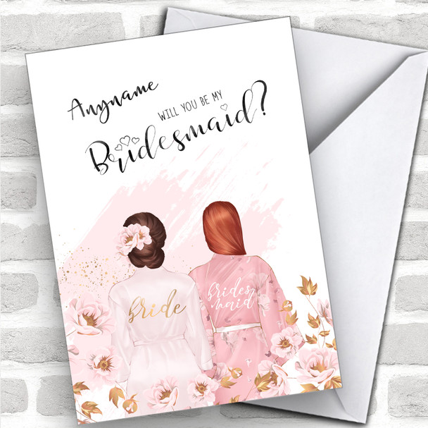 Brown Floral Hair Ginger Swept Hair Will You Be My Bridesmaid Personalized Wedding Greetings Card