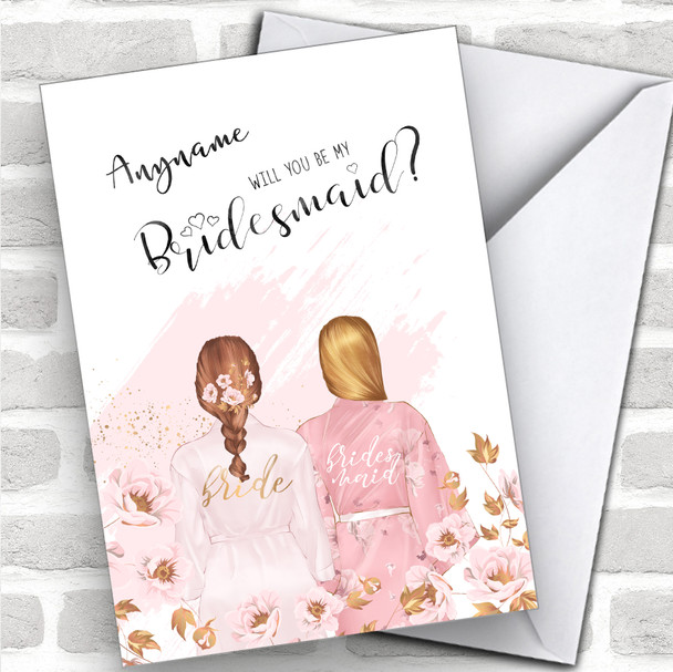 Brown Plaited Hair Blond Swept Hair Will You Be My Bridesmaid Personalized Wedding Greetings Card