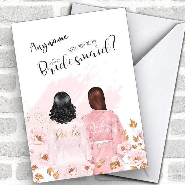 Black Curly Hair & Brown Swept Hair Will You Be My Bridesmaid Personalized Wedding Greetings Card