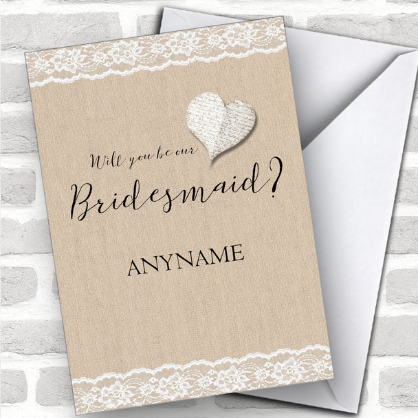 Vintage Heart Burlap Will You Be My Bridesmaid Personalized Wedding Greetings Card