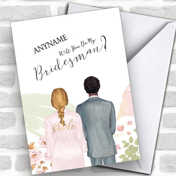 Blond Plaited Hair Curly Black Hair Will You Be My Bridesman Personalized Wedding Greetings Card