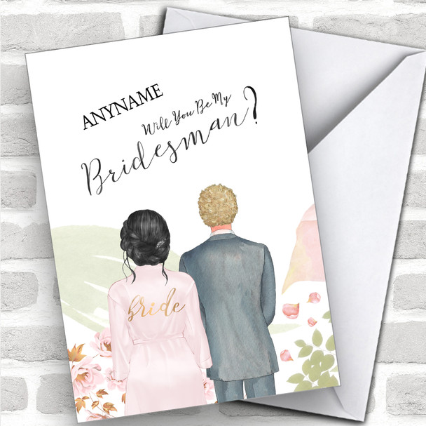 Black Hair Up Curly Blond Hair Will You Be My Bridesman Personalized Wedding Greetings Card