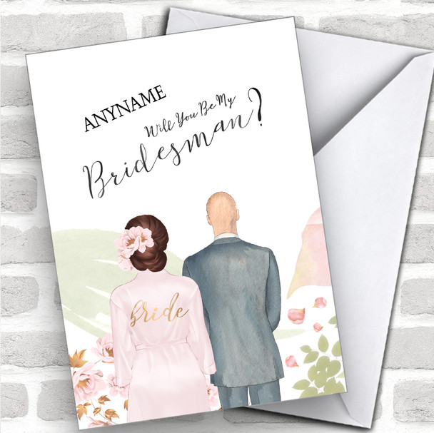 Brown Floral Hair Bald White Will You Be My Bridesman Personalized Wedding Greetings Card