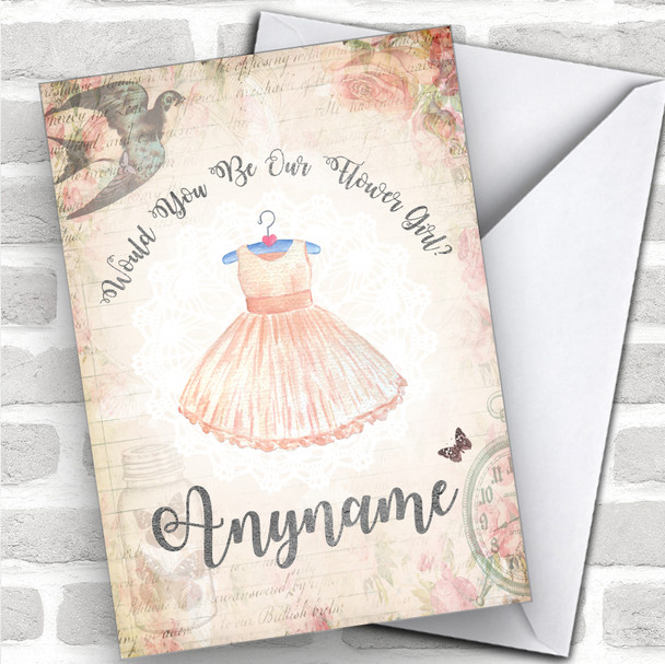 Vintage Dress On Hanger Floral Will You Be My Flower Girl Personalized Wedding Greetings Card