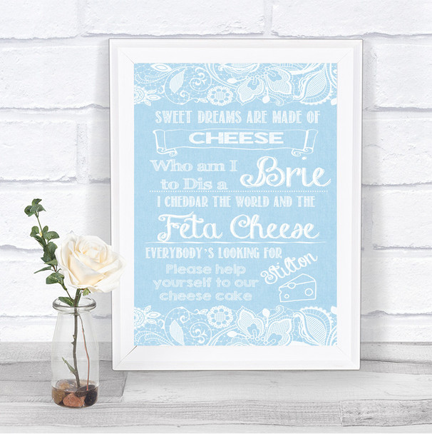 Blue Burlap & Lace Cheesecake Cheese Song Personalized Wedding Sign