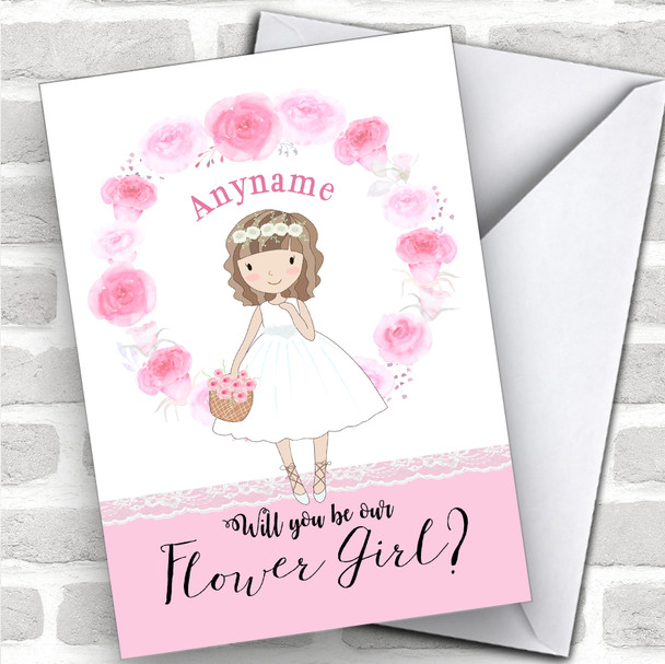 Cartoon Girl Short Brown Hair Will You Be My Flower Girl Personalized Wedding Greetings Card