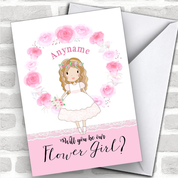 Cartoon Girl Long Wavy Hair Will You Be My Flower Girl Personalized Wedding Greetings Card