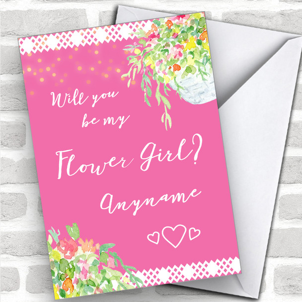 Pink Glitter Lights Basket Will You Be My Flower Girl Personalized Wedding Greetings Card