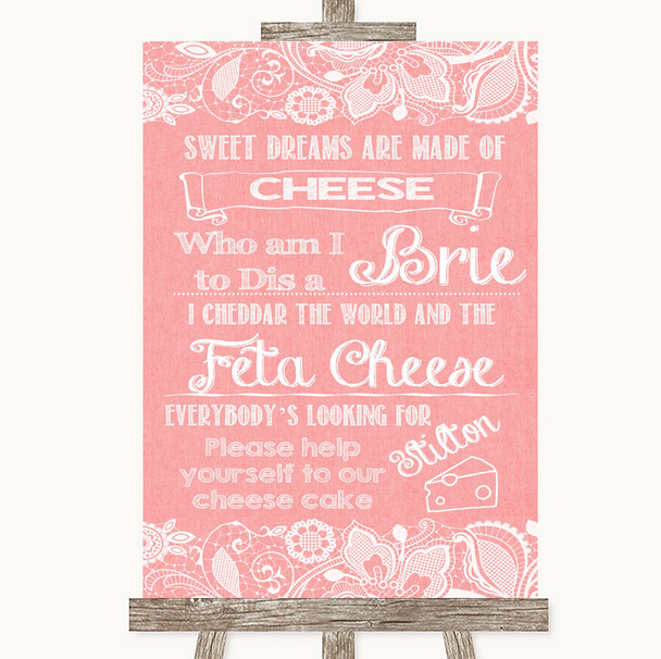 Coral Burlap & Lace Cheesecake Cheese Song Personalized Wedding Sign