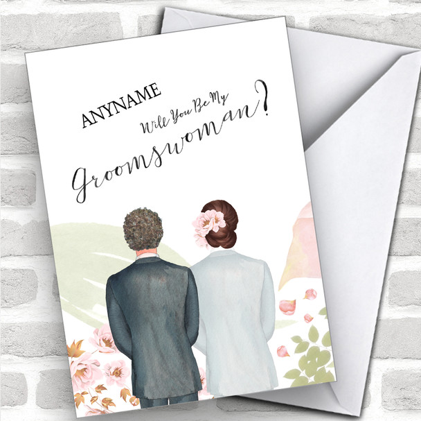 Curly Brown Hair Brown Floral Hair Will You Be My Groomswoman Personalized Wedding Greetings Card