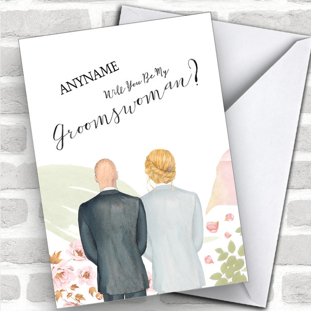 Bald White Blond Hair Up Will You Be My Groomswoman Personalized Wedding Greetings Card