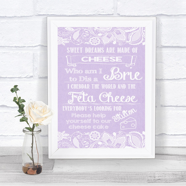 Lilac Burlap & Lace Cheesecake Cheese Song Personalized Wedding Sign