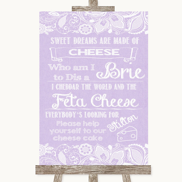 Lilac Burlap & Lace Cheesecake Cheese Song Personalized Wedding Sign