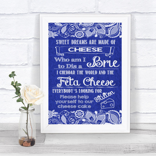 Navy Blue Burlap & Lace Cheesecake Cheese Song Personalized Wedding Sign