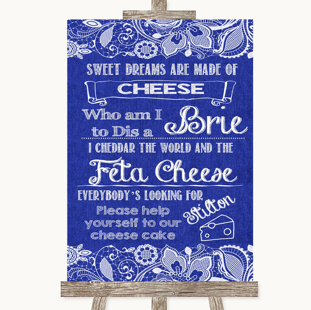 Navy Blue Burlap & Lace Cheesecake Cheese Song Personalized Wedding Sign