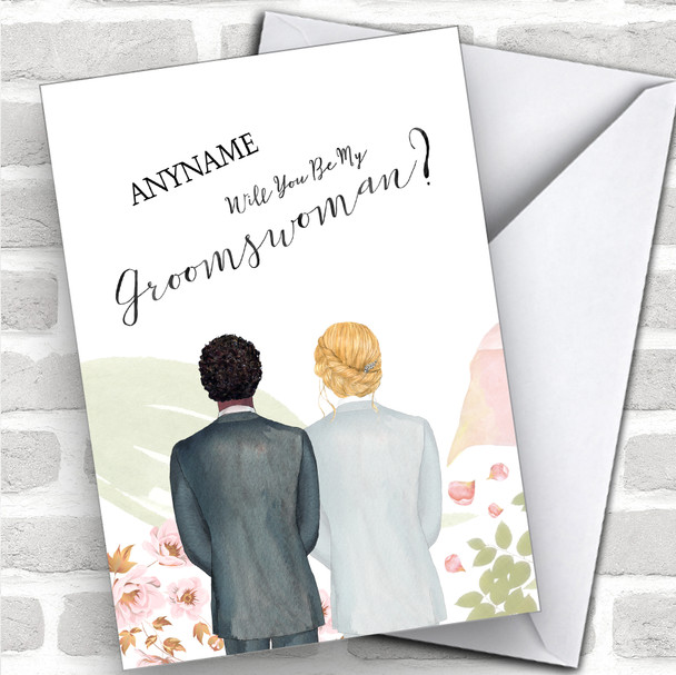 Curly Black Hair Blond Hair Up Will You Be My Groomswoman Personalized Wedding Greetings Card