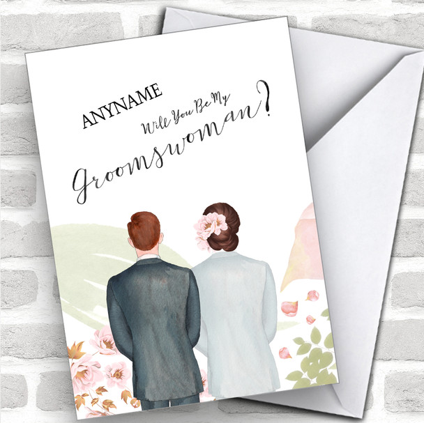 Ginger Hair Brown Floral Hair Will You Be My Groomswoman Personalized Wedding Greetings Card