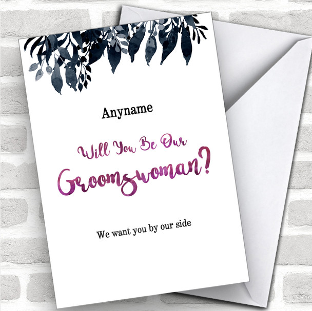 Plum Black Floral Watercolour Will You Be My Groomswoman Personalized Wedding Greetings Card