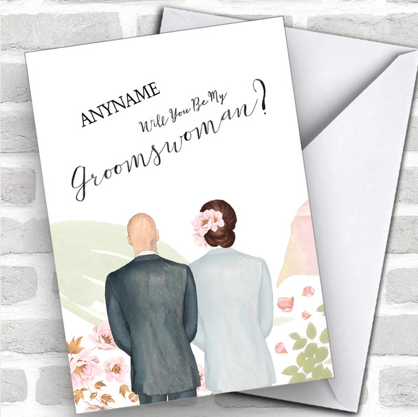 Bald White Brown Floral Hair Will You Be My Groomswoman Personalized Wedding Greetings Card