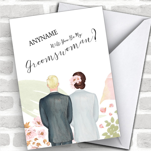 Blond Hair Brown Floral Hair Will You Be My Groomswoman Personalized Wedding Greetings Card