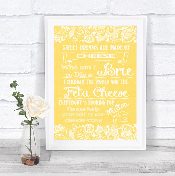 Yellow Burlap & Lace Cheesecake Cheese Song Personalized Wedding Sign