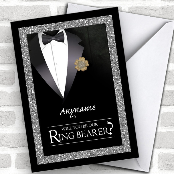 Black Suit Sparkles Will You Be My Ring Bearer Personalized Wedding Greetings Card