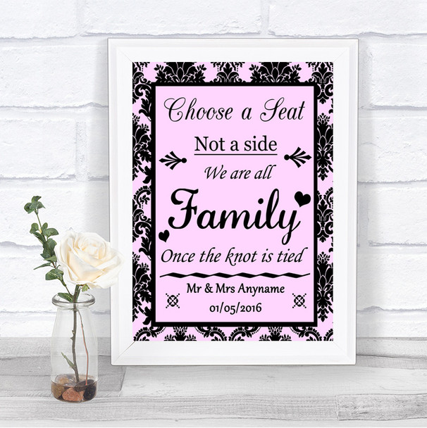 Baby Pink Damask Choose A Seat We Are All Family Personalized Wedding Sign