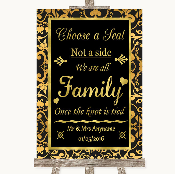 Black & Gold Damask Choose A Seat We Are All Family Personalized Wedding Sign