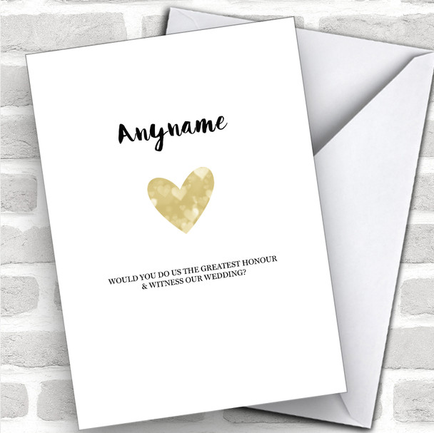 Simple Gold Heart Will You Be My Witness Personalized Wedding Greetings Card