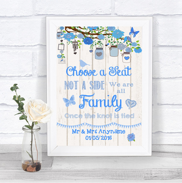 Blue Rustic Wood Choose A Seat We Are All Family Personalized Wedding Sign