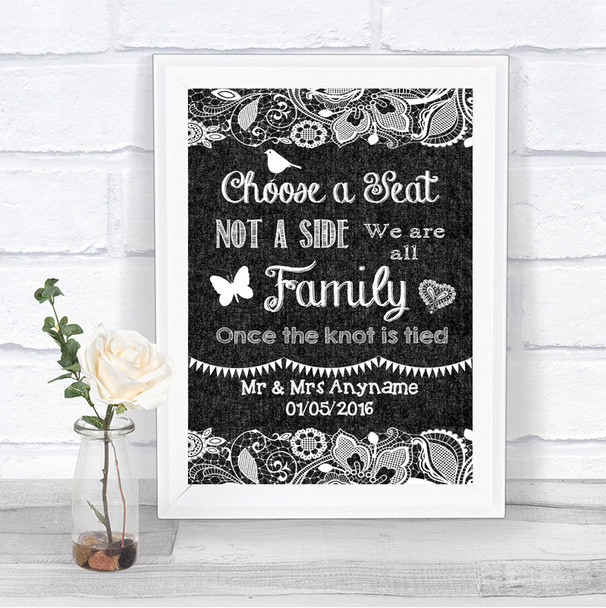 Dark Grey Burlap & Lace Choose A Seat We Are All Family Wedding Sign