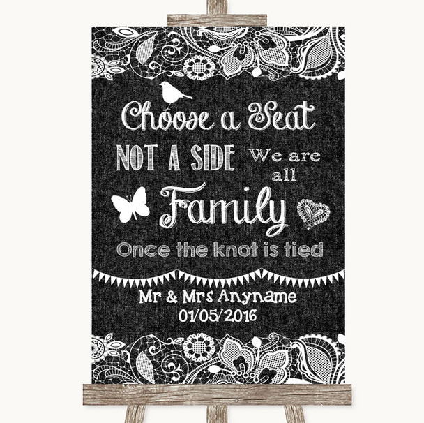 Dark Grey Burlap & Lace Choose A Seat We Are All Family Wedding Sign