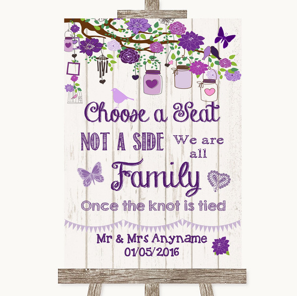 Purple Rustic Wood Choose A Seat We Are All Family Personalized Wedding Sign