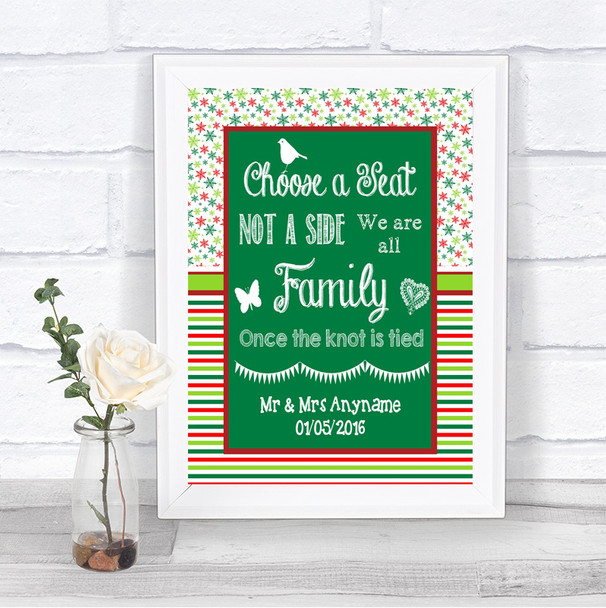 Red & Green Winter Choose A Seat We Are All Family Personalized Wedding Sign