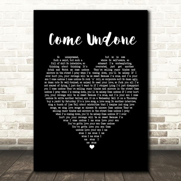 Robbie Williams Come Undone Black Heart Song Lyric Music Print