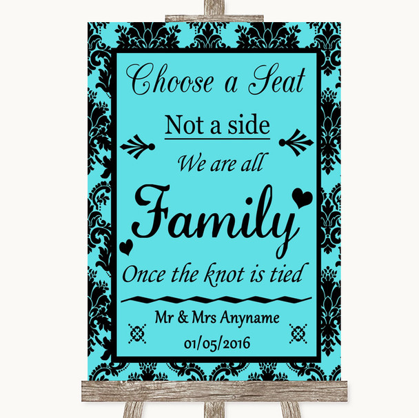 Tiffany Blue Damask Choose A Seat We Are All Family Personalized Wedding Sign