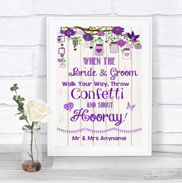 Purple Rustic Wood Confetti Personalized Wedding Sign