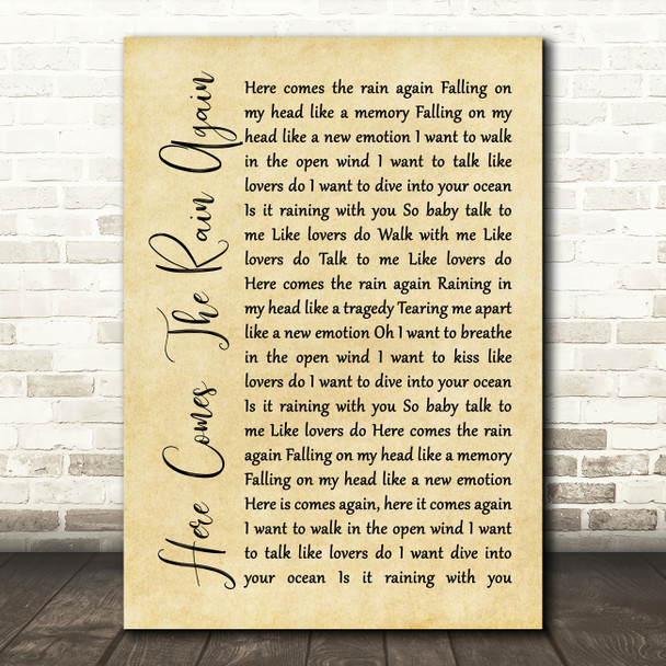 Eurythmics Here Comes The Rain Again Rustic Script Song Lyric Music Print