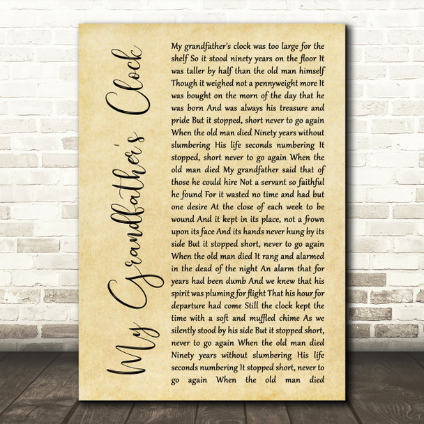 Henry Clay Work My Grandfather's Clock Rustic Script Song Lyric Music Print