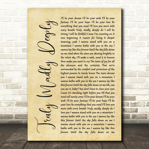 Savage Garden Truly Madly Deeply Rustic Script Song Lyric Music Print