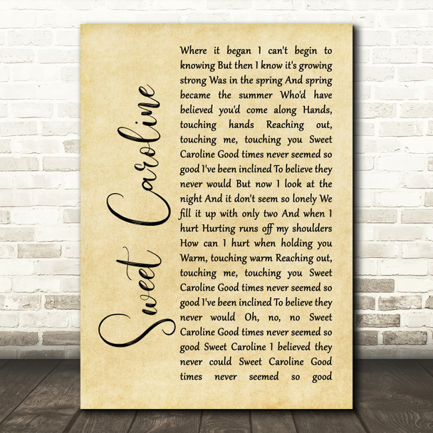 Neil Diamond Sweet Caroline Rustic Script Song Lyric Music Print