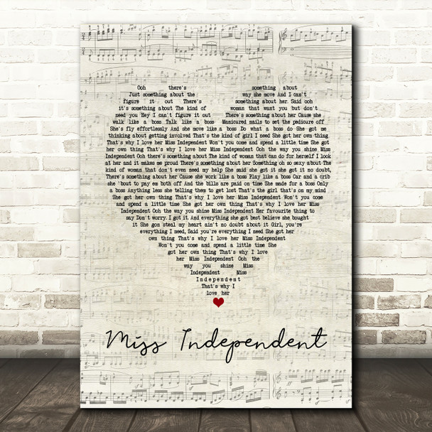 Ne-Yo Miss Independent Script Heart Song Lyric Music Print