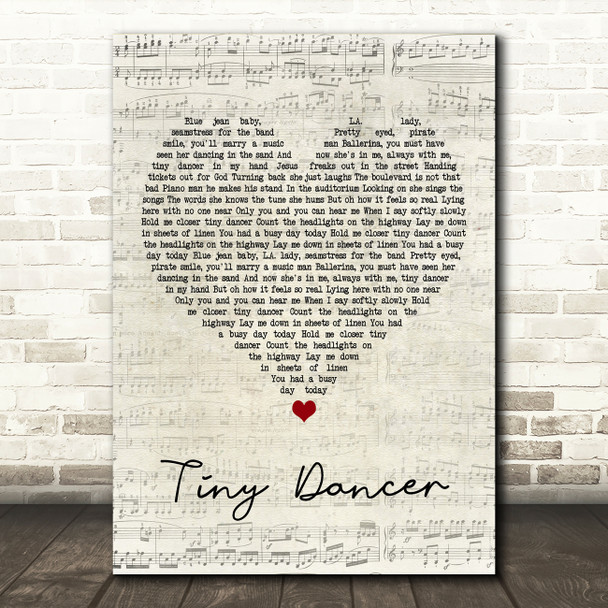 Elton John Tiny Dancer Script Heart Song Lyric Music Print