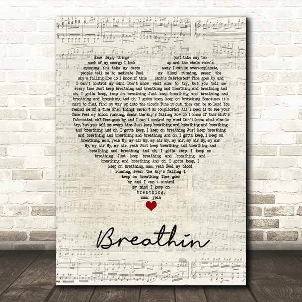 Ariana Grande Breathin Script Heart Song Lyric Music Print