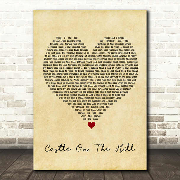 Ed Sheeran Castle On The Hill Vintage Heart Song Lyric Music Print