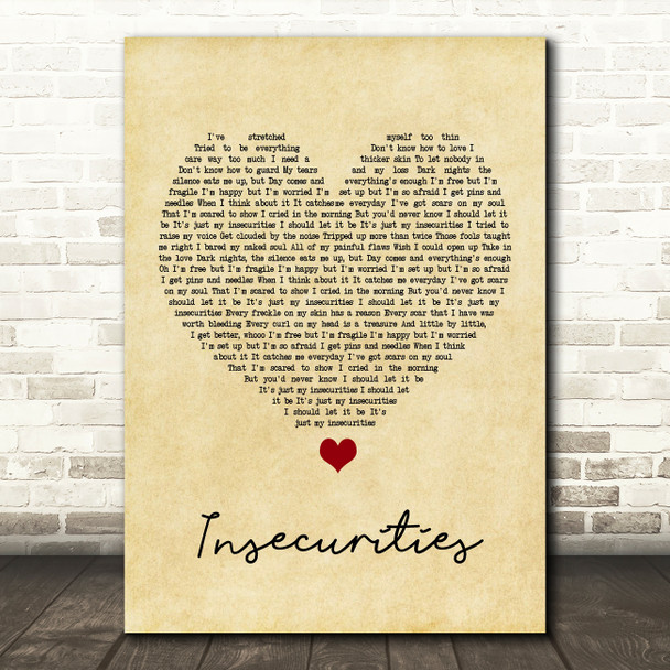 Jess Glynne Insecurities Vintage Heart Song Lyric Music Print