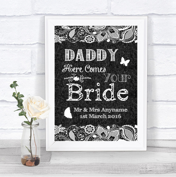 Dark Grey Burlap & Lace Daddy Here Comes Your Bride Personalized Wedding Sign