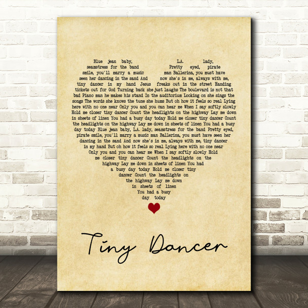 Elton John Tiny Dancer Vintage Heart Song Lyric Music Print