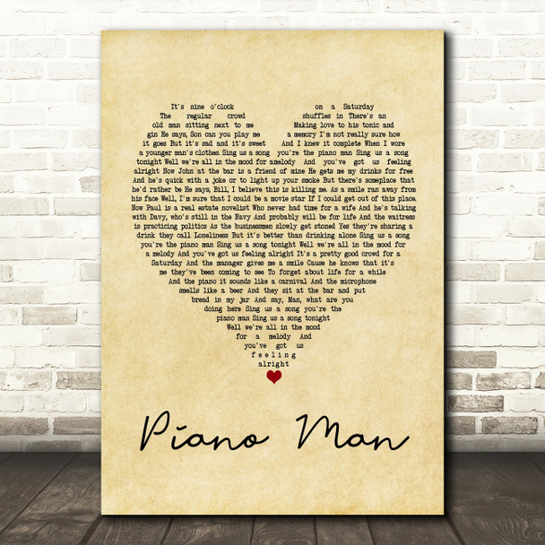 Billy Joel Piano Man Vintage Heart Song Lyric Music Print